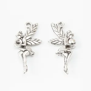 Vintage antique silver angel fairy charms for DIY jewelry making with leaf wing details