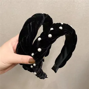Handmade black velvet braided headband with elegant white pearls for women
