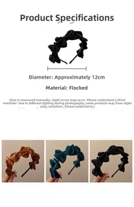 Detail view of 12cm velvet bow headband showing dimensions and available colors