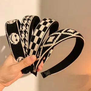 Serre-tête en Maille pour Femmes Motif Damier Pied-de-poule Sourire Rétro Large Accessoires de Coiffure Automne Hiver