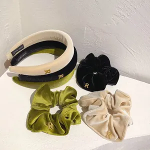 Chic velvet headband and scrunchie set with gold R letter detail in beige black and green