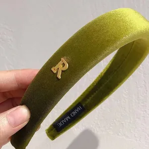 Retro fruit green velvet padded headband with a golden metal letter R letter design