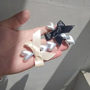 French Style Satin Bow Hair Clip With Metallic Heart Charms Elegant Sweet Side Clip For Women Hair Styling Accessory