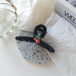 Glänzende schwarze Haarklammer mit Kirsch-Design und roten Strasssteinen für Zöpfe
