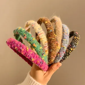 Retro colorful chunky knit plush headbands with fuzzy textures for autumn and winter styles