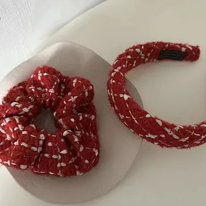 Red tweed headband and scrunchie set featuring handmade woven texture for women