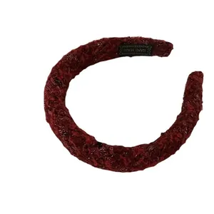 Deep red plaid headband with sequins and handmade label for elegant autumn hair styling