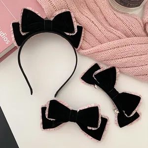 Winter black and pink double-layered velvet bow headband and hair clips set for women