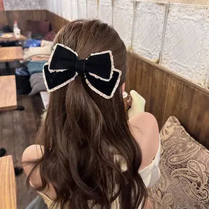 Handmade black velvet double-layered bow hair clip with beige ruffle lace trim