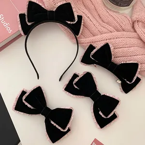 Women Vintage Velvet Double Layer Bow Headband And Hair Clip With Pink Ruffle Edge Handmade Stereoscopic Bow Hair Accessories