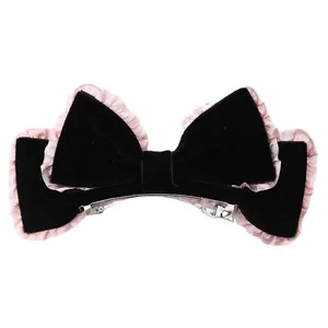 Winter black velvet double-layer bow hair clip with pink lace trim and metal spring clip