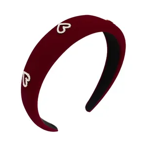 Vintage burgundy velvet headband with sparkly rhinestone heart details for women