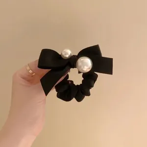 Elegant Black Satin Bow Scrunchie With Artificial Pearls Elastic Hair Tie For Women