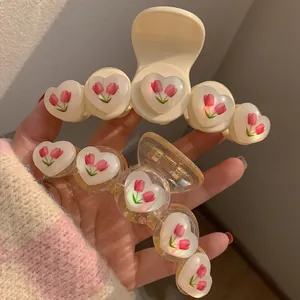 Molla per Capelli in Resina in Stile Coreano Con Stampa Floreale a Cuore di Tulipano Rosa Accessori Dolce Retro per Donna
