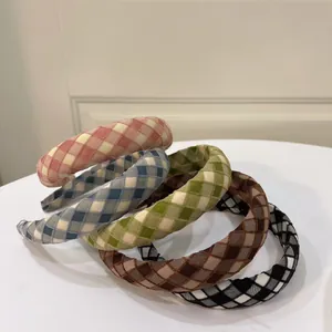 Five assorted Korean style padded sponge headbands with classic colorful plaid patterns