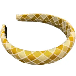 Chic yellow and beige plaid padded headband for women with high crown puffy style