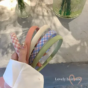 Korean INS Style Fabric Headband For Women Handmade High Skull Top Gingham Solid Color Hair Band Sweet Fresh Girls Hair Accessories