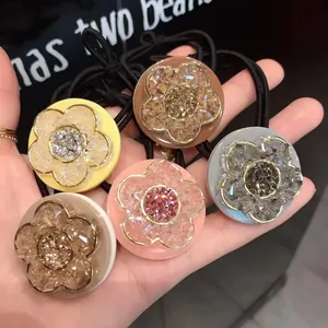 Set of 5 floral elastic hair ties with sparkling resin crystal flower charms in various colors