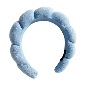 Plush light blue sponge padded headband with soft towel cloth wave texture for women