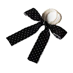 French style polka dot bow hair scrunchie with elegant faux pearl beads and streamers
