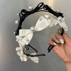 Elegant bow headband set with pearls in black and beige, sweet lady hair accessories