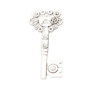 Steampunk style silver gear key pendant with intricate mechanical industrial details