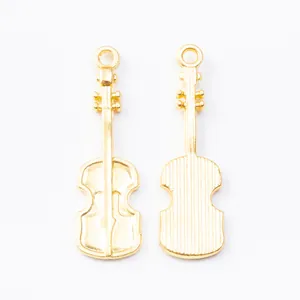Golden violin-shaped metal pendant charm for DIY jewelry making, front and back view