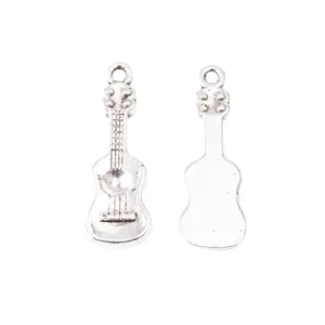 Silver vintage alloy guitar pendant for DIY jewelry making with front and back views