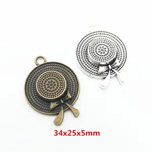 Vintage Alloy Straw Hat Charms With Bowknot Flower For DIY Jewelry Making Antique Bronze Silver Pendants Craft Accessories