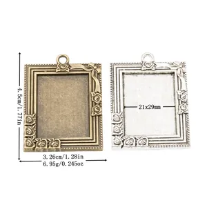 Vintage Legierung Rechteck Foto Anhänger Basis Relief Rose Schleife DIY Schmuckzubehör Antik Bronze Silber Basteln Anhänger Fassung