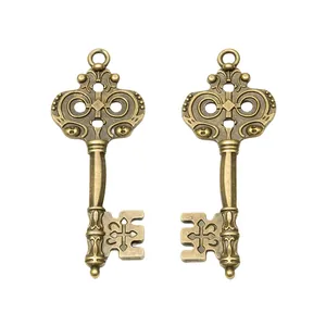Vintage bronze zinc alloy key pendant with ornate filigree handle for DIY jewelry making