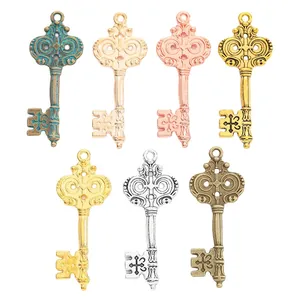 Vintage style zinc alloy key pendant set in seven metallic colors for DIY jewelry making