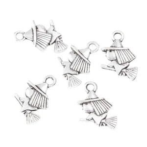 Five vintage silver witch on broomstick charms for Halloween DIY jewelry making projects