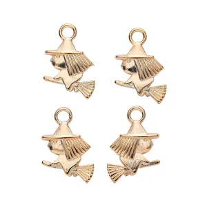 Set of four light gold wizard witch alloy pendants on brooms for DIY jewelry crafting