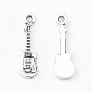 Vintage zinc alloy electric guitar pendant in antique silver finish with front and back view