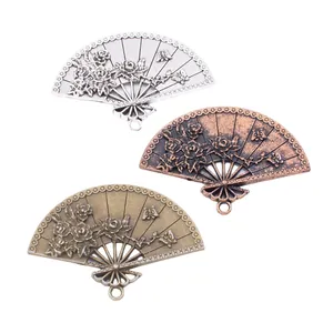 Vintage zinc alloy fan pendants in silver and bronze with rose and butterfly motifs