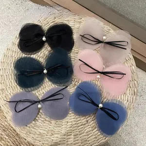 Korean Sweet Multi Layer Mesh Bow Hair Clip With Faux Artificial Pearl Elegant Mesh Ribbon Spring Clip Hair Accessory For Women
