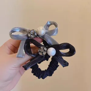Elegant satin bow hair ties set with large pearl and rhinestone ball in grey and black