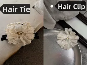 Detail of cream lace flower hair claw and scrunchie set with central crystal accent