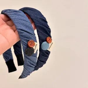 Blue denim pleated headband set with handmade label and button details for women