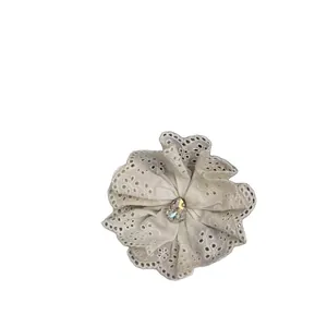 Elegant white lace flower hair claw clip with teardrop crystal rhinestone detail