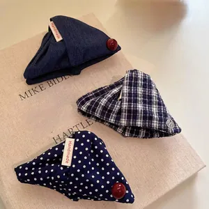 Three-piece set of handmade denim, plaid, and polka dot navy triangle hair shark clips