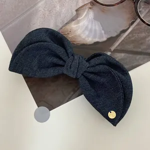Vintage Large Bowknot Hair Clip Denim Fabric Satin Hair Claw Clip Simple Banana Clip For Women Elegant Hair Accessories