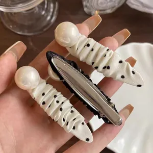 Chic Korean style polka dot hair clips with pearls and pleated satin for elegant women