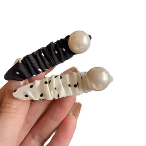 Chic ruffled polka dot fabric hair clips with pearls and metal alligator base
