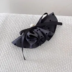 Barrette à cheveux nœud en tulle à pois noirs style coréen avec fausse perle chic