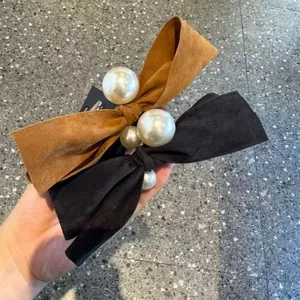 Vintage Velvet Bow Hair Tie With Large Faux Artificial Pearl High Elasticity Scrunchie Elegant Pony Tail Holder For Women Hair Accessories