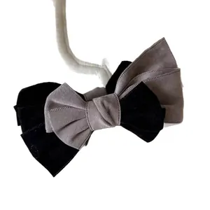 Elegant black velvet and grey fabric double bow banana hair clip for women's ponytail