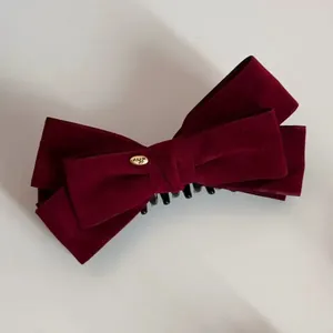 Elegant burgundy velvet layered bow hair clip with gold Love metal plate for high ponytail