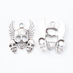 Vintage silver skull pendant with wings, DIY jewelry craft accessory in gothic punk style